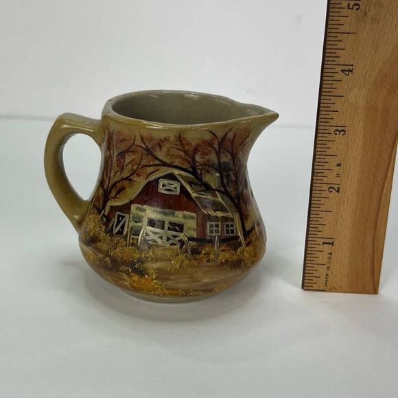 Signed By Repp Beautiful Hand Painted Farm Barn Scene Creamer Western Stoneware - Picture 4 of 7